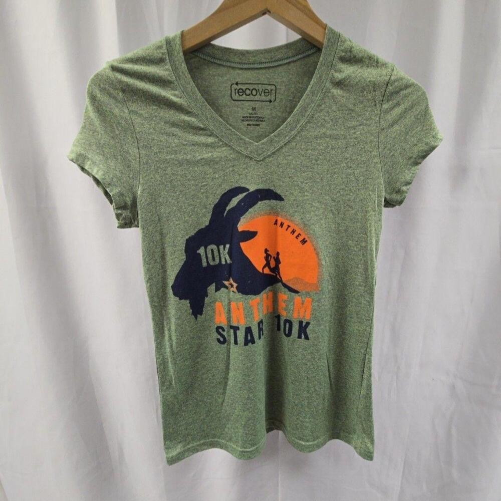 Recover Shirt Womens Medium Green V Neck Short Sleeve Anthem Star 10K Running